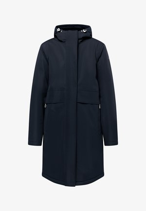 Marineblauer wasserdichter Parka mit Kapuze, vorderem Reißverschluss, zwei Seitentaschen und verstellbarem Kordelzug am Kragen. Glatte, weiche Textur.