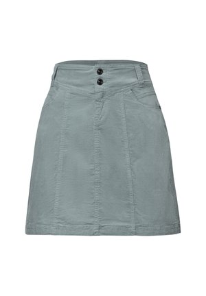 Jupe en coton gris avec une coupe évasée, dotée d'une taille à deux boutons, de poches avant et de détails de couture subtils.