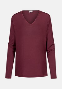 Bordeaux lange mouwen V-hals top in een zachte, gladde stof met een ontspannen pasvorm en lichte textuur. Voorzien van een contrasterende halslijnafwerking.