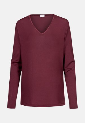 Bordeauxfarbene Langarm-V-Ausschnitt-Bluse aus einem weichen, glatten Stoff mit lockerer Passform und leichtem Material. Mit kontrastierendem Ausschnitt-Detail.