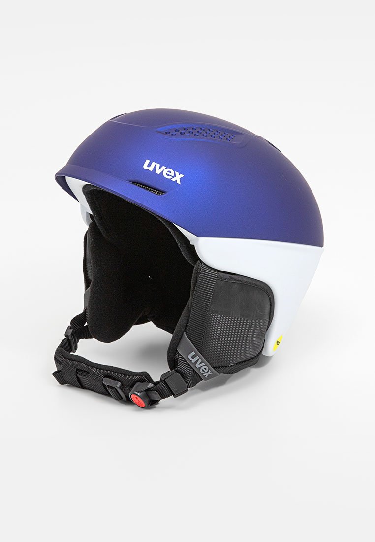 Uvex Skihelm, matt dunkelblau mit weißen Akzenten, verstellbarer Kinnriemen, Belüftungsöffnungen, weiche Innenauskleidung für Komfort.