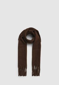 Sciarpa di lana marrone con una texture morbida, caratterizzata da estremità frangianti e un design semplice, piegata ad anello per la presentazione.