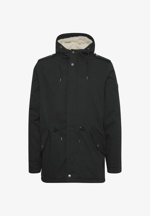 Black parka jacket featuring a plush interior lining, adjustable drawstring hood, two front pockets, and snap button closure.