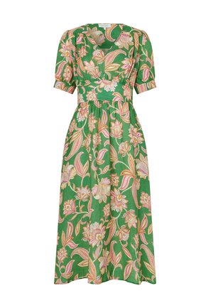 Groene midi-rok met roze en beige bloemenpatroon, korte pofmouwen, V-hals en getailleerde taille.
