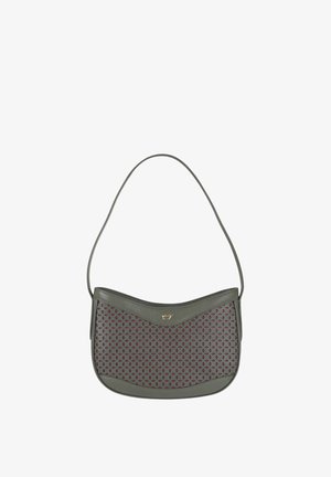 Borsa a tracolla verde oliva con ritagli a forma di diamante che rivelano la fodera rossa, bordo superiore curvo e piccolo emblema animale dorato sul davanti.