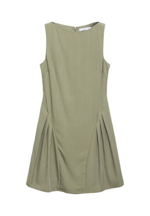 Robe sans manches en tissu vert olive, arborant un corsage ajusté et une jupe plissée, avec une fermeture éclair dans le dos et un col rond.