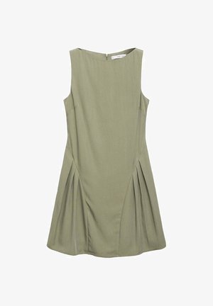 Sleeveless dress in olive green fabric, featuring a fitted bodice and pleated skirt, with a back zipper closure and a rounded neckline.