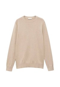 Bež majica iz bombaža s okruglim izrezom, dolgimi rokavi ter rebrastimi manšetami in robom. Gladka tekstura, preprost dizajn in brez vidnih vzorcev.