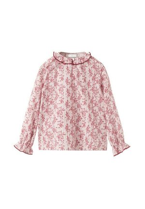 Różowa bluzka z długim rękawem w czerwony kwiatowy wzór, z falbankowym kołnierzem i mankietami, z lekkiego materiału, o luźnym kroju.