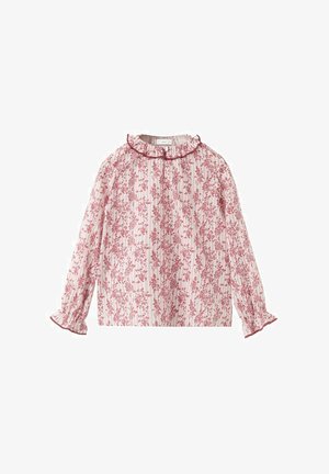 Bluza ružičaste boje s crvenim cvjetnim uzorkom, dugim rukavima, naboranim ovratnikom i manžetama, lagane tkanine, širokog kroja.