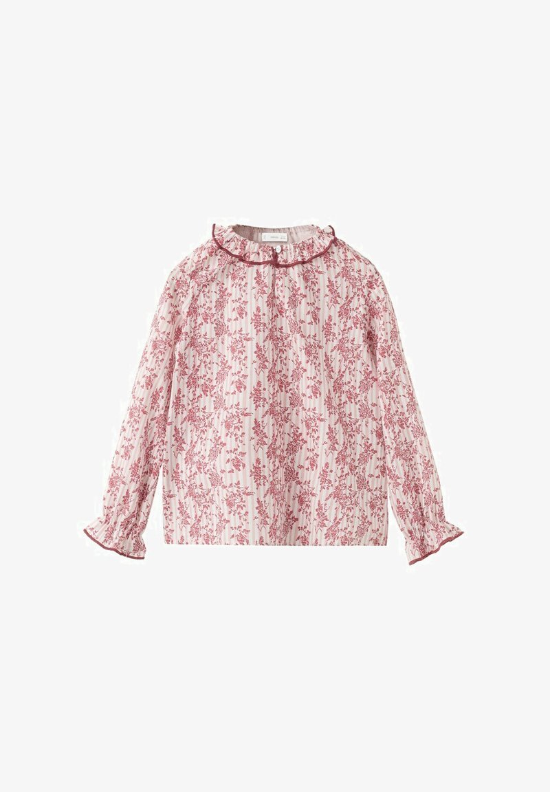 Ružová blúzka s dlhým rukávom s červeným kvetinovým vzorom, volánovým golierom a manžetami, ľahká látka, voľný strih.
