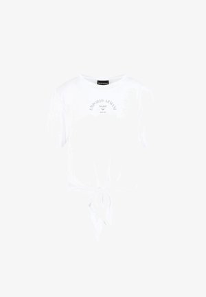 T-shirt en coton blanc avec un col rond, des manches courtes et un détail de nœud à l'avant. Présente un logo imprimé en gris au-dessus du nœud.