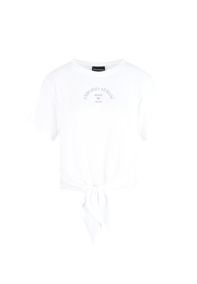 Witte katoenen T-shirt met een ronde hals, korte mouwen en een knoopdetail aan de voorkant. Voorzien van een geprint logo in grijs boven de knoop.