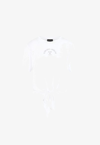 Witte katoenen T-shirt met een ronde hals, korte mouwen en een knoopdetail aan de voorkant. Voorzien van een geprint logo in grijs boven de knoop.