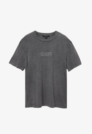Grå bomulds t-shirt med korte ærmer, rund hals og subtilt "ALLSAINTS" logo på forsiden. Let distressed tekstur.