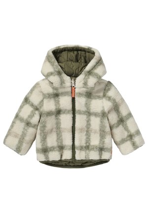 Fleecejacke mit Kapuze, mit einem grün-cremefarbenen Kariertmuster, Reißverschluss und gestepptem olivgrünem Innenfutter.