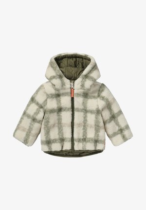 Fleecejacke mit Kapuze, mit einem grün-cremefarbenen Kariertmuster, Reißverschluss und gestepptem olivgrünem Innenfutter.