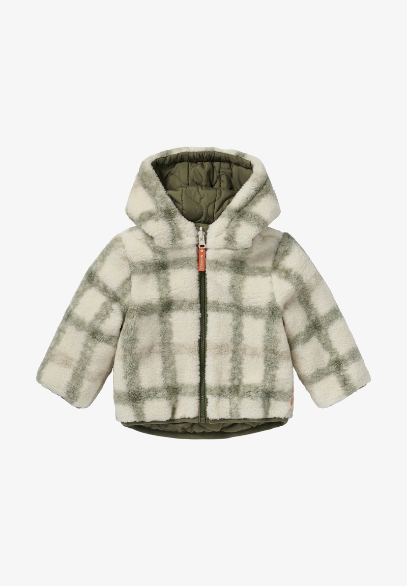 Kurtka polarowa z kapturem, w zielono-kremową kratę, z zapięciem na zamek błyskawiczny oraz pikowaną oliwkową podszewką.