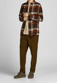 Camicia di flanella a scacchi nei colori marrone, arancione e bianco; maglietta beige a girocollo sotto; pantaloni in velluto a coste verde oliva; scarpe grigie.