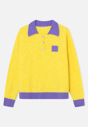 Yellow sweater with purple collar, cuffs, hem, and chest patch, featuring three buttons on the front placket.