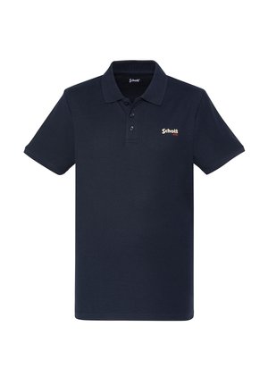 Marineblauwe polo gemaakt van een katoenmix, met een klassieke kraag, een twee-knopen placket en een klein geborduurd logo op de linkerborst.