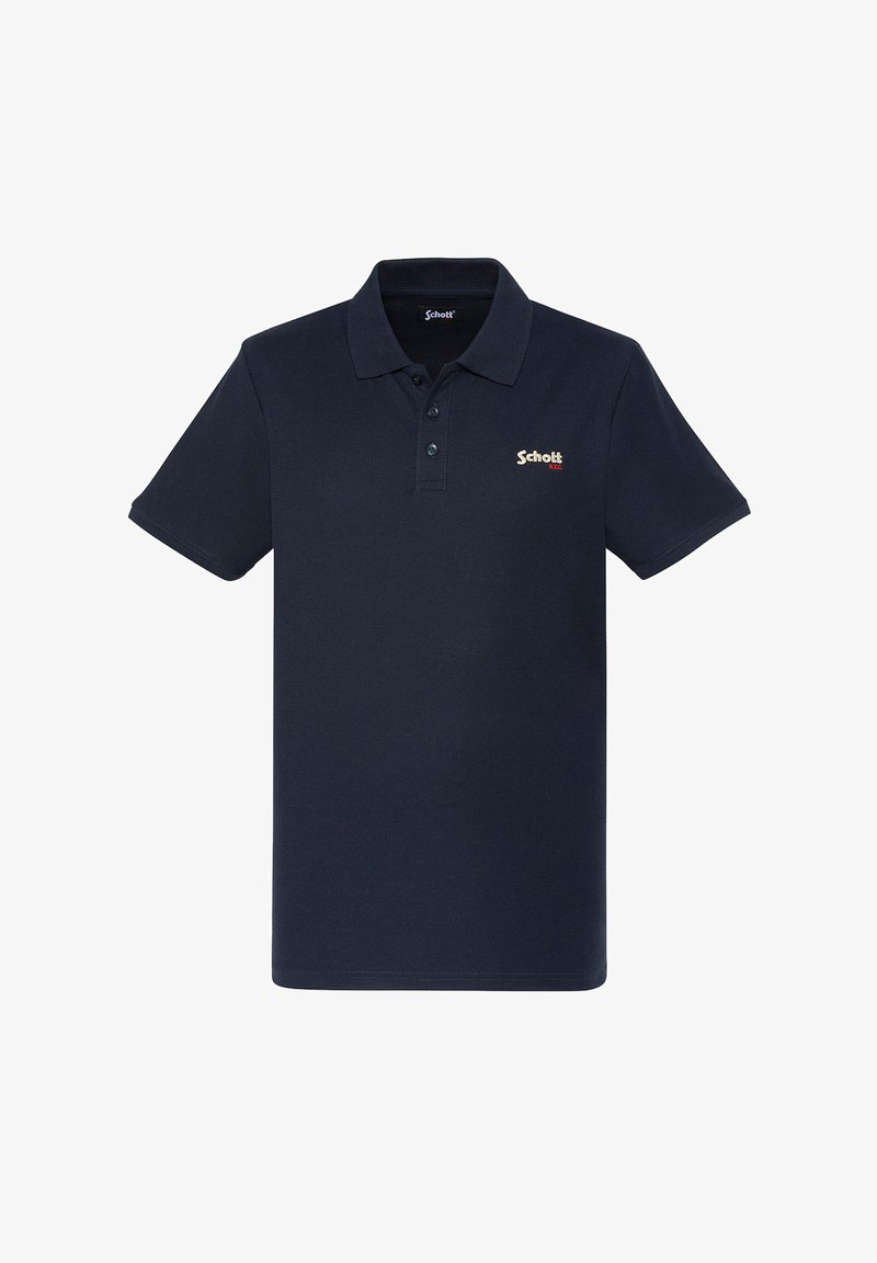 Polo bleu marine en mélange de coton, avec un col classique, une patte de boutonnage à deux boutons et un petit logo brodé sur la poitrine gauche.