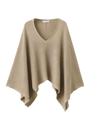 Beige strikket poncho med V-udskæring og brede, draperede sider, der skaber en asymmetrisk kant.