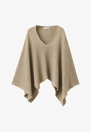 Poncho beige lavorato a maglia con scollo a V e ampie parti laterali drappeggiate che creano un orlo asimmetrico.