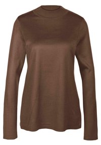 Brauner Langarmpullover mit hohem Kragen, tailliertem Design und strukturiertem Stoff. Verfügt über Seitentaschen und eine glatte, gleichmäßige Oberfläche.