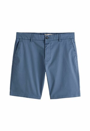 Blaue, knielange Herren-Shorts mit vorderer Knopfverschluss, Gürtelschlaufen und seitlichen Taschen, auf weißem Hintergrund präsentiert.