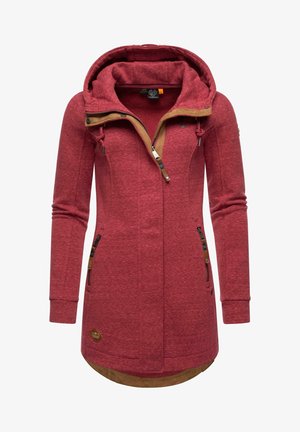 Manteau à capuche bordeaux pour femmes à manches longues, avec fermeture éclair avant, détails à boutons et poches zippées, doté d'une doublure intérieure douce et d'une capuche à cordon de serrage.
