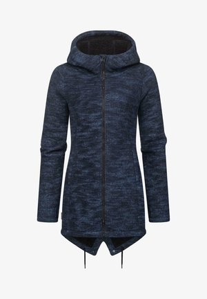 Marineblå zip-up hættetrøje med tekstureret stof, stor hætte og asymmetrisk kant. Har snore i bunden og glatte lynlåse.