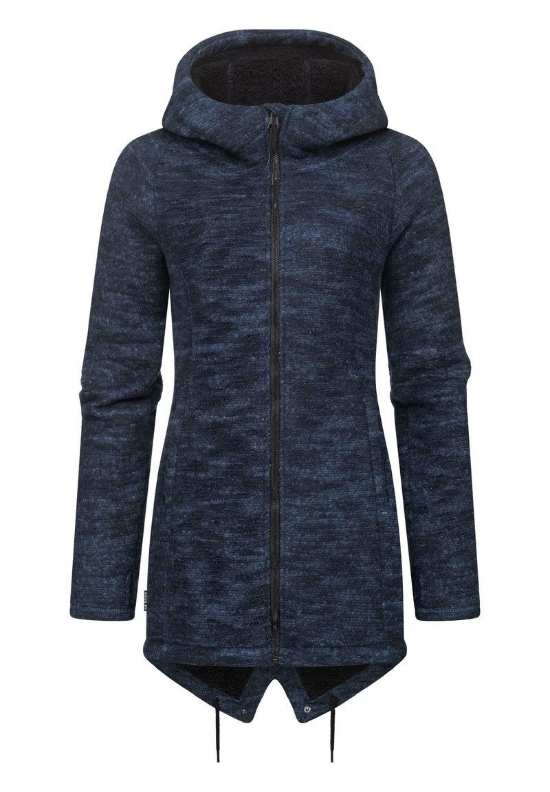 Mörkblå zip-up hoodie med en texturerad tyg, stor huva och asymmetrisk fåll. Har dragsko i botten och släta dragkedjor.