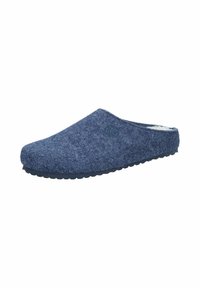 Navy blue felt slipper with a rounded toe, textured exterior, and a soft interior lining. Features a textured rubber sole for grip.