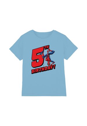 Light blue cotton t-shirt featuring a Spider-Man graphic and bold red text reading "5th BIRTHDAY!" in black accents. Short sleeves, crew neck.