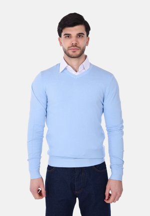 Maglione azzurro chiaro lavorato a maglia con scollatura a V, maniche lunghe e polsini a costine, abbinato a una camicia bianca con colletto e jeans scuri.