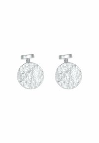 Cufflinks circolari in argento con superficie testurizzata e hardware lucido. Ogni gemello presenta un design semplice e sicuro con perno.