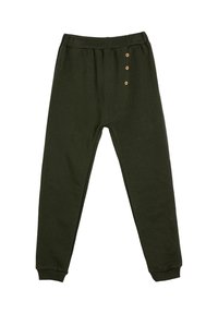 Pantalones de chándal de cintura elástica en verde oscuro con puños acanalados y tres pequeños botones de madera en el lado derecho delantero.