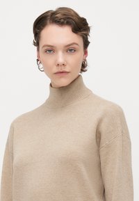 Pull col roulé beige en tissu doux et texturé, à la coupe décontractée avec un col côtelé. Présente des coutures d'épaule tombantes.