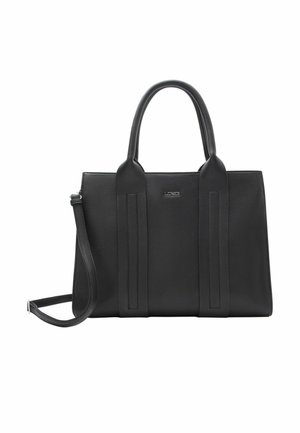 Borsa a tracolla in pelle nera con due manici corti superiori e una tracolla removibile. Presenta una forma strutturata e un logo del brand visibile.