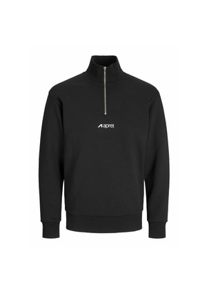 Juodas džemperis su aukštu apykakle, užtrauktuku ir elastingomis rankovėmis. Ant krūtinės yra baltas logotipas. Pagamintas iš minkšto, tekstūruoto audinio.