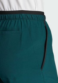 Teal joggers med en elastisk sort talje, med en sidelomme og et glat, struktureret stof. Syede detaljer langs sømmene.