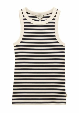 Sleeveless navy and white horizontal striped tank top with round neckline and Joules brand tag at the collar and hem.