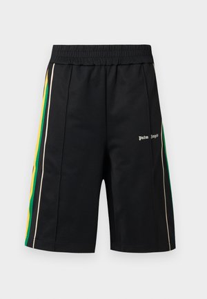 Sorte shorts med elastisk taljebånd, sidestriber i gul, grøn og beige, samt lille hvid "Palm Angels" tekst foran til venstre.