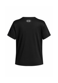 Black short-sleeve T-shirt made of smooth fabric, featuring a crew neckline and the Under Armour logo centered on the upper back.