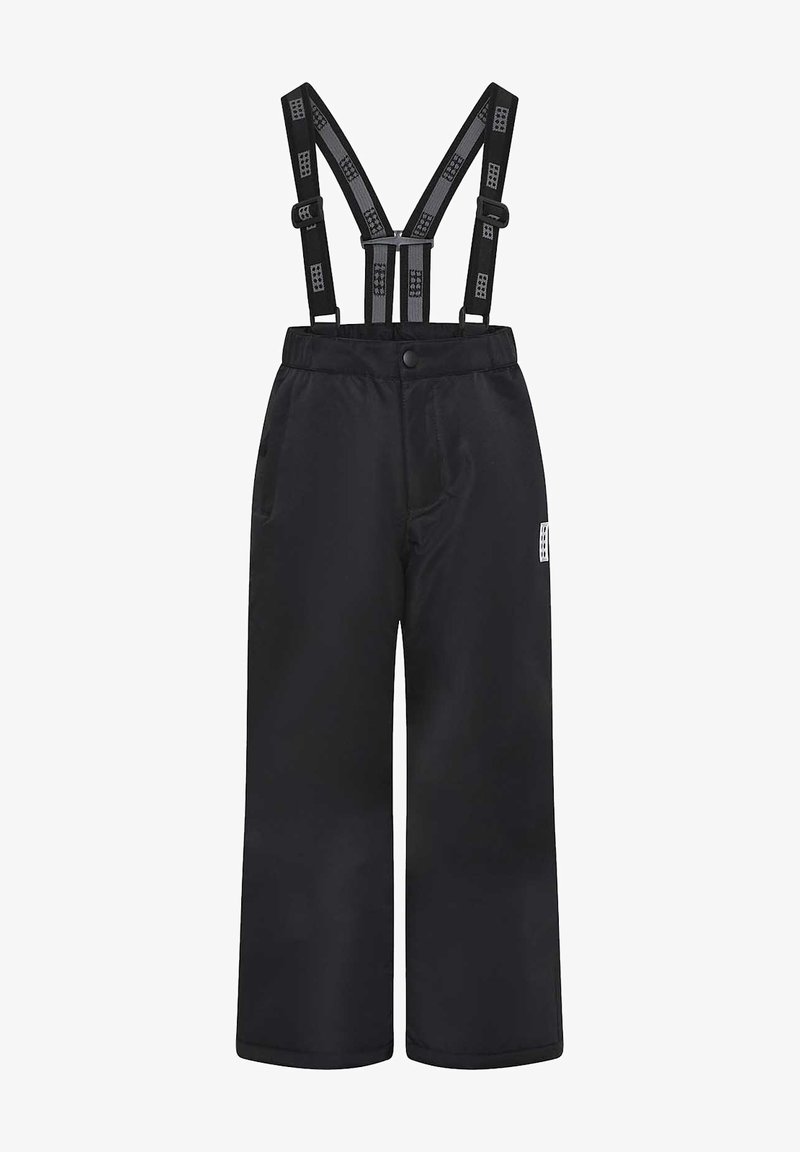 Zwarte waterdichte broek met verstelbare bretels, wijd-uitlopende ontwerp, twee voorzakken en een logopatch aan de zijkant. Gemaakt van duurzaam materiaal.