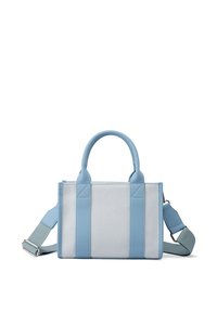 Borsa tote blu con manici arrotondati e cinturino staccabile, caratterizzata da un tessuto azzurro testurizzato e accenti in pelle liscia.