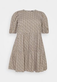 Sukienka na krótki rękaw do kolan z małym kwiatowym wzorem w odcieniach różu, bieli i brązu, z dopasowaną talią i okrągłym dekoltem.