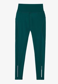 Leggings en color verde azulado con una cintura alta, fabricados con un material elástico. Presentan detalles reflectantes y costuras en los laterales.