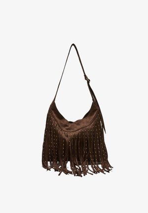 Rjava usnjena torba za ramo z dolgimi resicami in majhnimi zlatimi zakovicami, z nastavljivim trakom s sponko.